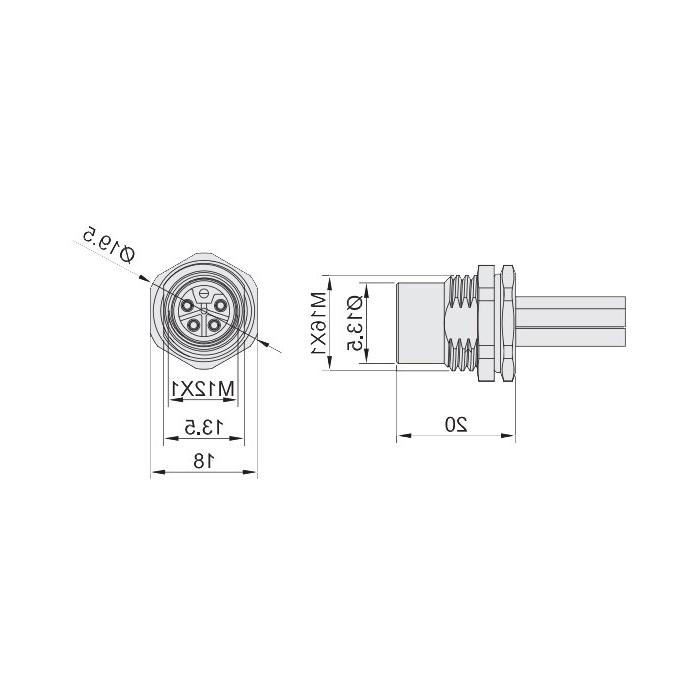 M12 5Pin L-coded、母头直型、法兰插座、板后安装、适用于现场焊接安装、64LB01H